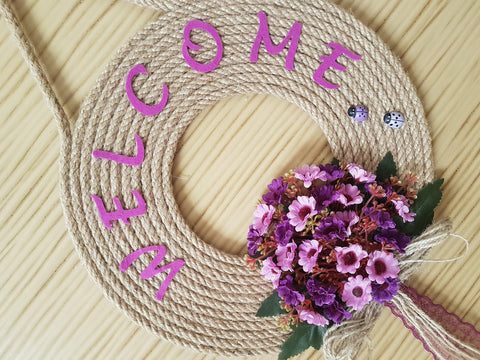 Purple Daisy Welcome Jute Rope Wreath for Front Door with Ladybugs|Personalized Year Round Wreath|Housewarming Purple Sign|Round Wreath