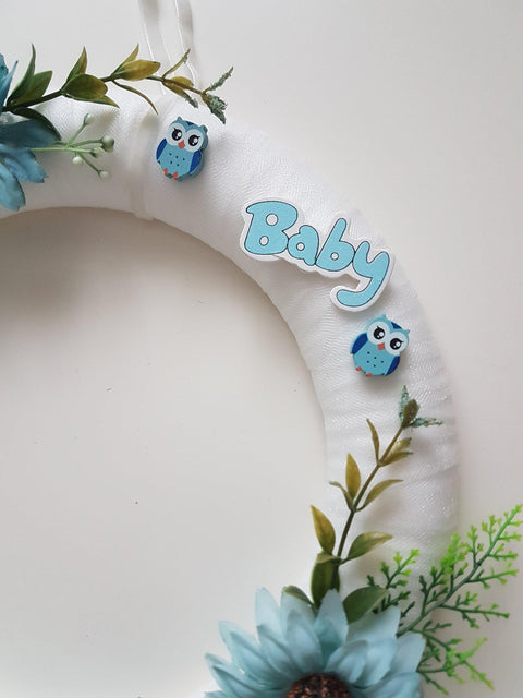 Blue Daisy Baby Wreath for Front Door Year Round with Owls|Daisy Round Door Sign|Gift For Boy|Unique Hospital Gift For Him|Funny Wreath