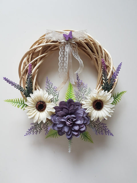 Floral Welcome Wreath|Purple and White Daisy Faux Flower Wicker Wreath|Farmhouse Wall Decor|Realtor Gift|Front Door Round Sign|Hostess Gift