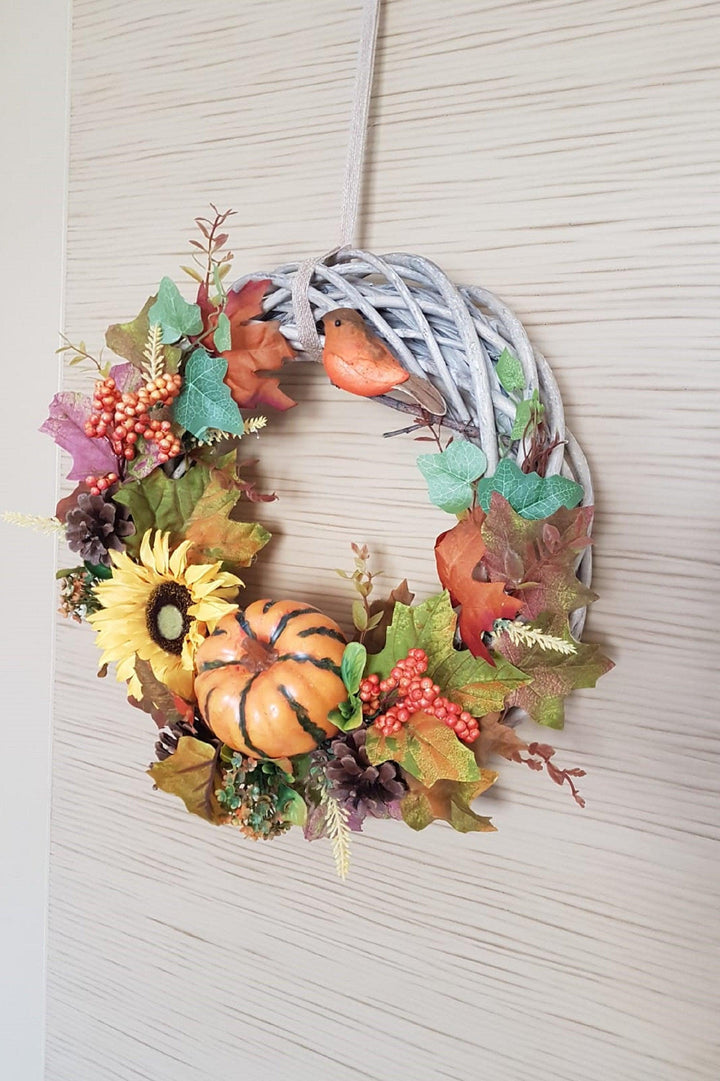Fall Wicker Wreath|Farmhouse Halloween Wreath|Year Round Front Door Wreath|Pumpkin, Leaf, Bird, Pinecone|Rustic Welcome Autumn Round Sign
