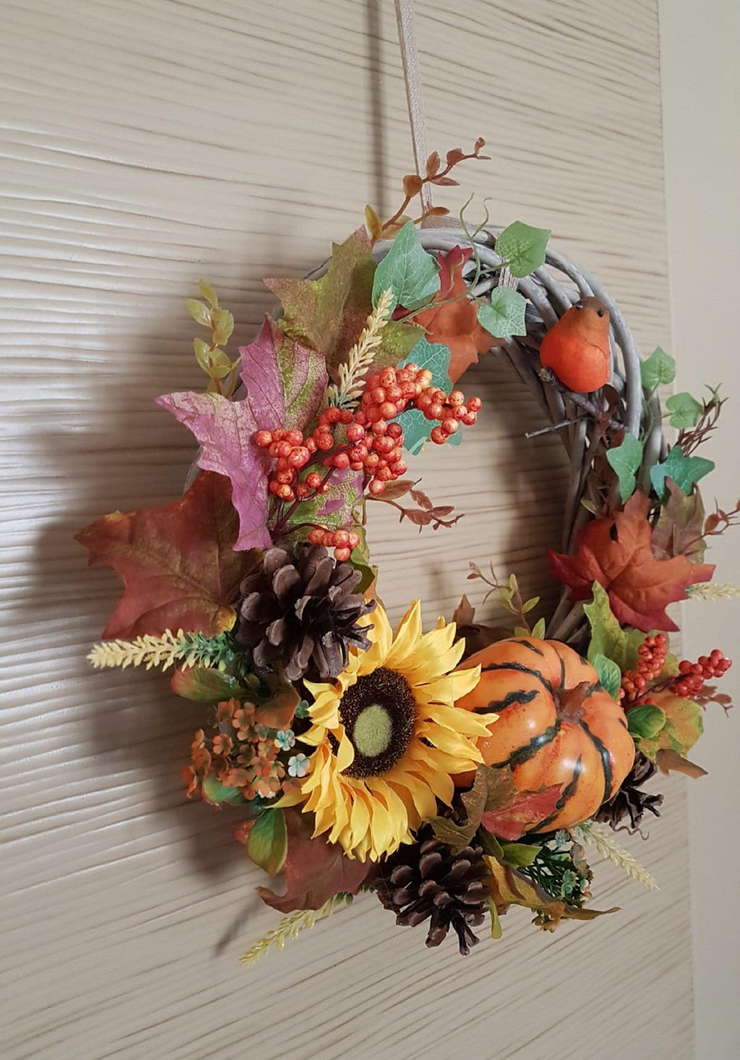 Fall Wicker Wreath|Farmhouse Halloween Wreath|Year Round Front Door Wreath|Pumpkin, Leaf, Bird, Pinecone|Rustic Welcome Autumn Round Sign