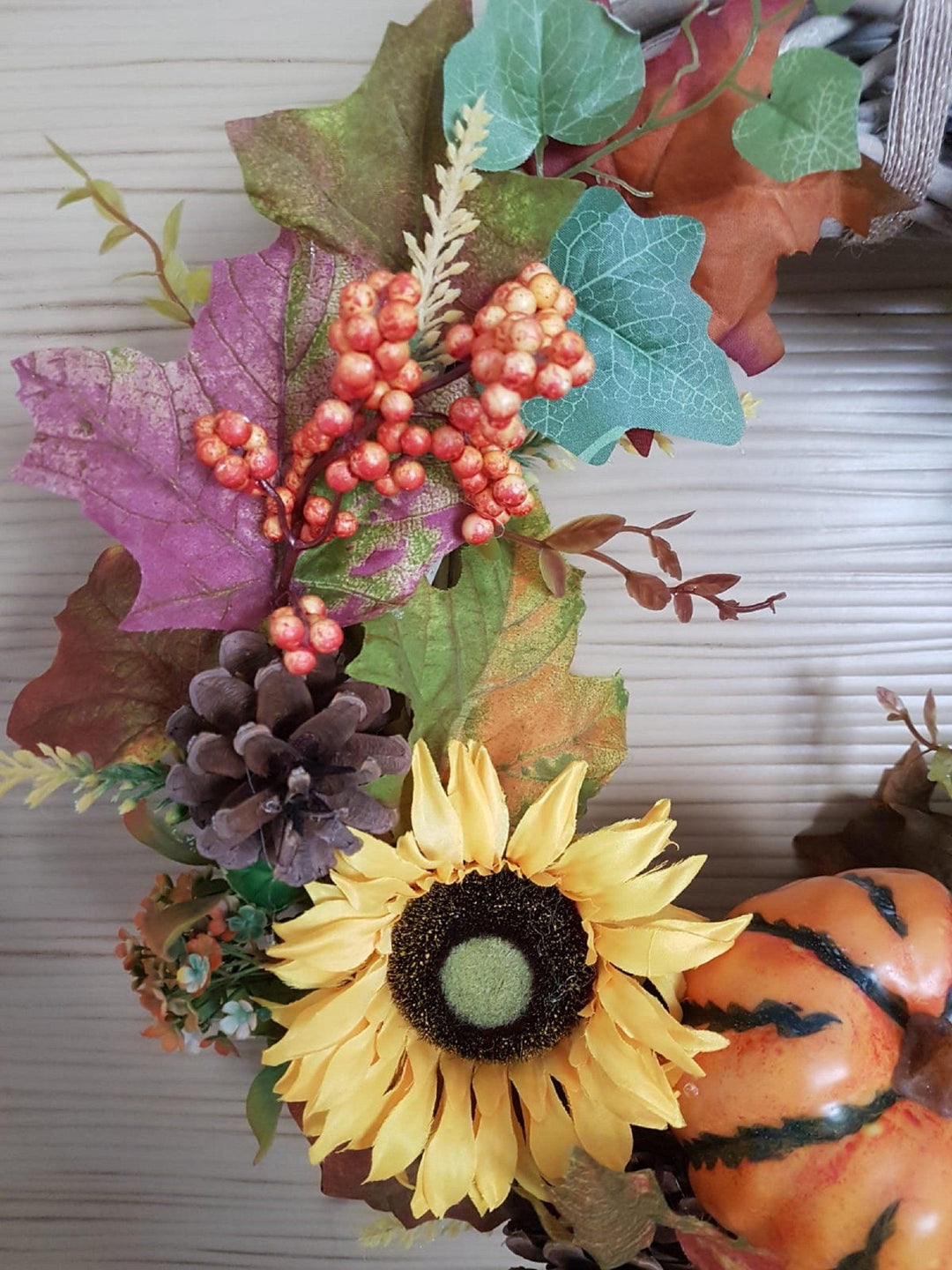 Fall Wicker Wreath|Farmhouse Halloween Wreath|Year Round Front Door Wreath|Pumpkin, Leaf, Bird, Pinecone|Rustic Welcome Autumn Round Sign