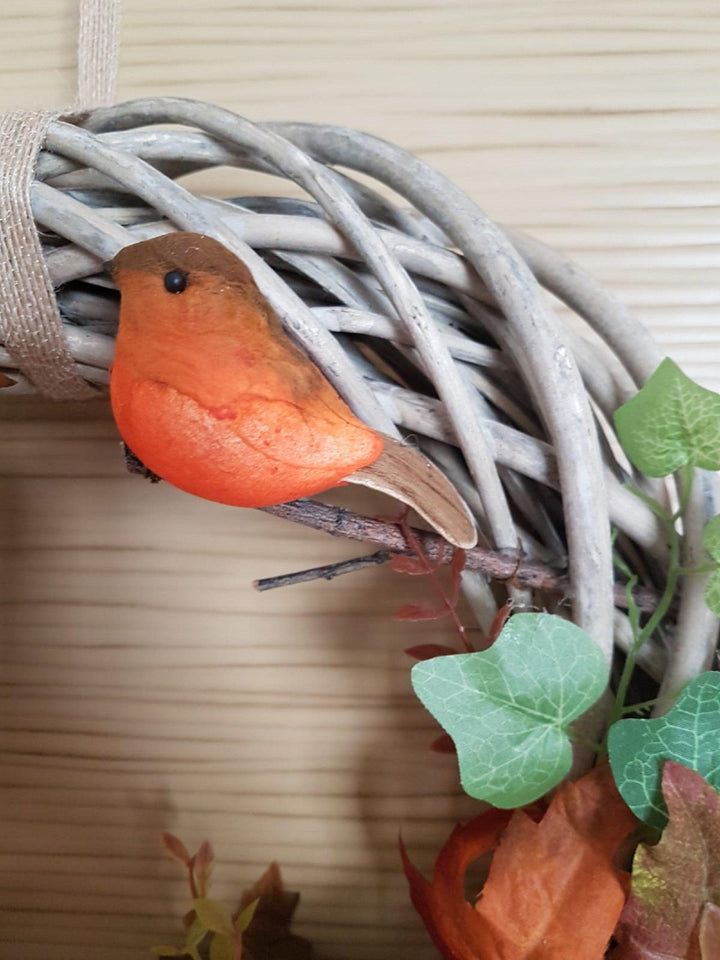 Fall Wicker Wreath|Farmhouse Halloween Wreath|Year Round Front Door Wreath|Pumpkin, Leaf, Bird, Pinecone|Rustic Welcome Autumn Round Sign