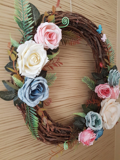 Rose Grapevine Wreath|Year Round Indoor and Outdoor Wreath|Floral Round Door Sign|Unique Faux Flower Wreath|Pink and Blue Rose Wall Decor