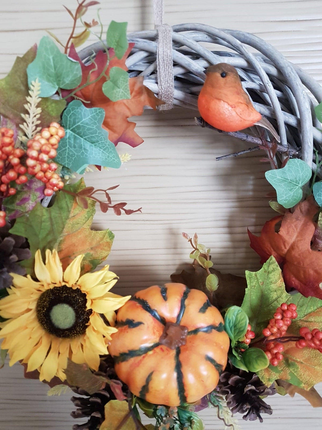 Fall Wicker Wreath|Farmhouse Halloween Wreath|Year Round Front Door Wreath|Pumpkin, Leaf, Bird, Pinecone|Rustic Welcome Autumn Round Sign
