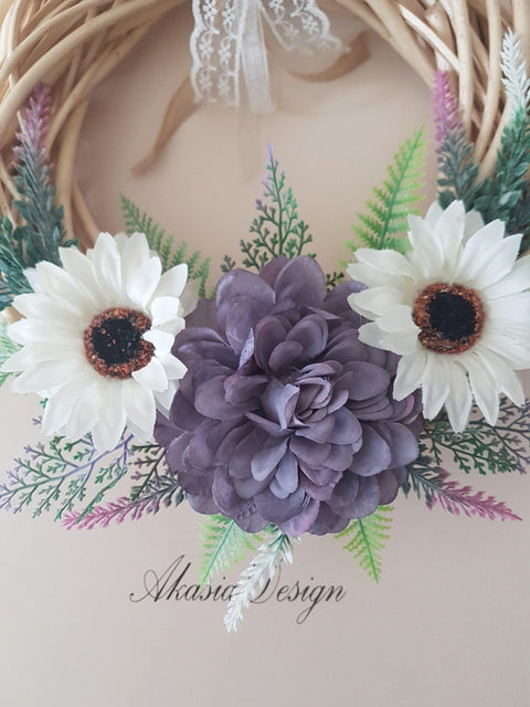Floral Wicker Wreath|Purple White Daisy Faux Flower Wreath|Rustic Farmhouse Indoor Wall Decor|Unique Front Door Personalized Realtor Gift