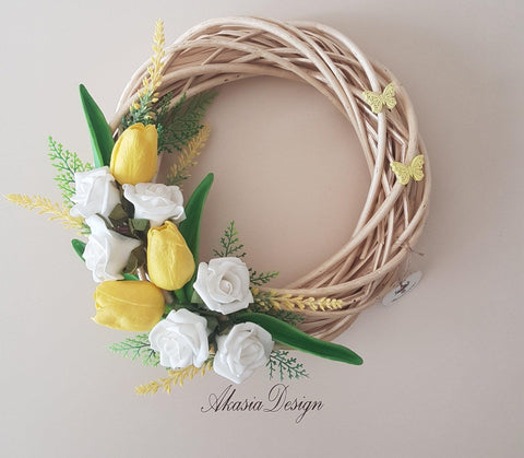 Yellow Tulip Wicker Wreath|White Rose Front Door Wreath|Year Round Wreath with Faux Flower|Floral Farmhouse Wall Sign|Floral Wall Decor