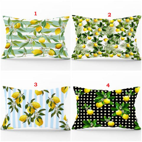 Lemon Lumbar Pillow Cover|Yellow Lemon Pillow Top|Housewarming Plaid Striped Floral Lemon Tree Decor|Rectangle Fresh Citrus Cushion Case