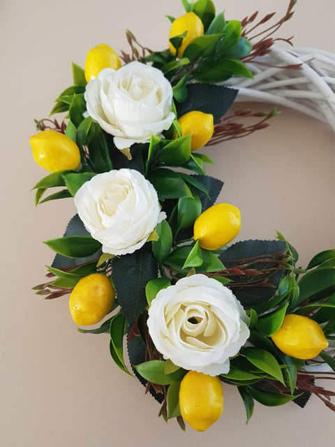 Floral Lemon Wreath for Front Door|White Rose and Lemon Wicker Summer Wreath|Year Round Farmhouse Wreath|Faux Lemon Door Sign|Rustic Decor