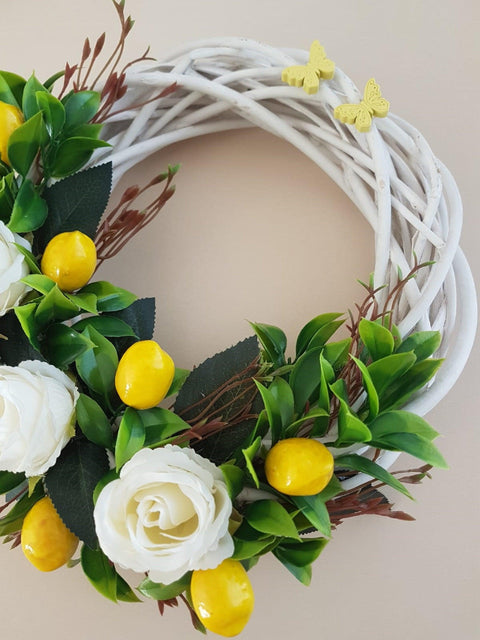 Floral Lemon Wreath for Front Door|White Rose and Lemon Wicker Summer Wreath|Year Round Farmhouse Wreath|Faux Lemon Door Sign|Rustic Decor