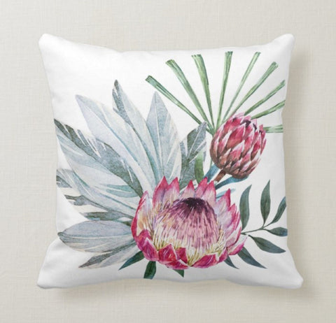 Floral Parrot Pillow Case|Gray and Red Protea Pillow Cover|Tropic Cushion Case|Decorative Pillow Case|Bedding Home Decor|Housewarming Pillow