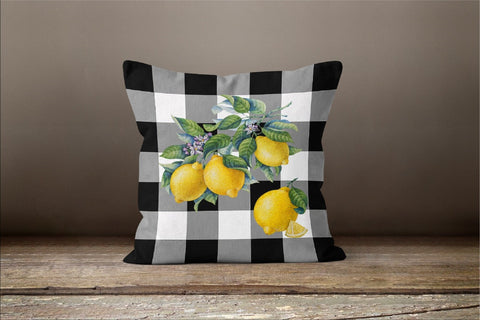Floral Lemon Check Pillow Case|Black Gray White Checkered Pillow Cover|Decorative Cushion|Housewarming Farmhouse Buffalo Plaid Throw Pillow