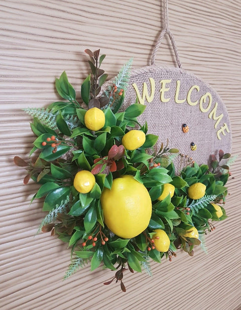 Floral Lemon Wreath for Front Door|Yellow and Orange Summer Wreath|Year Round Farmhouse Jute Rope Wreath|Faux Lemon Door Sign|Rustic Decor