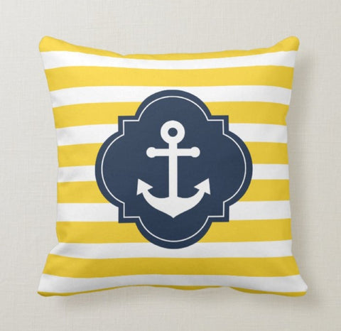 Nautical Pillow Case|Personalized Navy Marine Pillow Cover|Decorative Nautical Cushions|Anchor Throw Pillow|Blue and Yellow Navy Home Decor