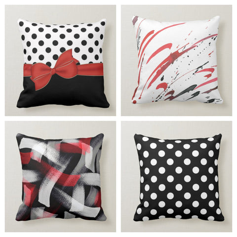 Red Ribbon Throw Pillow Case|Polka Dot Pillow Cover|Geometric Cushion Case|Decorative Abstract Boho Bedding Decor|Housewarming Porch Pillow