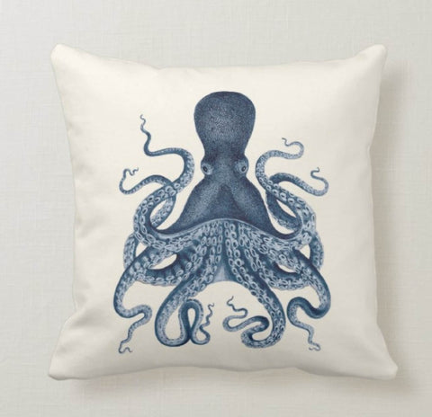 Beach House Pillow Case|Navy Marine Pillow Cover|Nautical Blue Gray Cushion|Seaweed Throw Pillow|Octopus Crab Home Decor|Porch Pillow Case