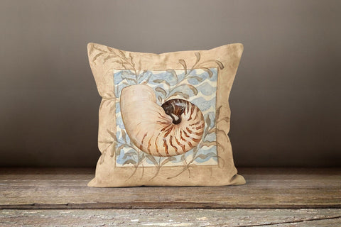 Beach House Pillow Case|Beige Marine Pillow Cover|Nautical Blue Brown Cushion|Seashell Throw Pillow|Farmhouse Home Decor|Porch Pillow Case