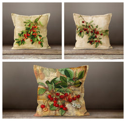 Cherry Pillow Cover|Red Floral Sour Cherry Cushion Case|Decorative Throw Pillow Top|Boho Bedding Decor|Rustic Housewarming Throw Pillow Case