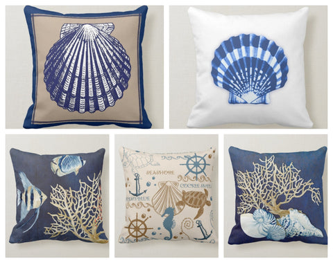 Nautical Pillow Case|Navy Marine Pillow Cover|Decorative Nautical Cushions|Coastal Throw Pillow|Blue Seashell Home Decor|Beach House Decor