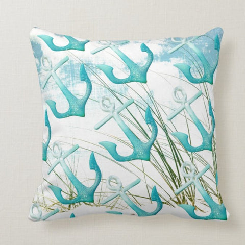 Nautical Pillow Case|Navy Marine Pillow Cover|Gray and Turquoise Home Decor|Anchor Seashells Print Throw Pillow Cover|Outdoor Cushion Cover