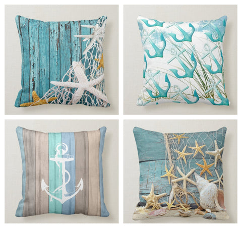 Nautical Pillow Case|Navy Marine Pillow Cover|Gray and Turquoise Home Decor|Anchor Seashells Print Throw Pillow Cover|Outdoor Cushion Cover