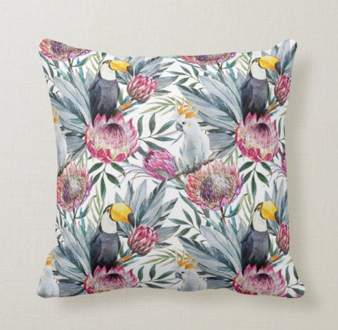 Floral Parrot Pillow Case|Gray and Red Protea Pillow Cover|Tropic Cushion Case|Decorative Pillow Case|Bedding Home Decor|Housewarming Pillow