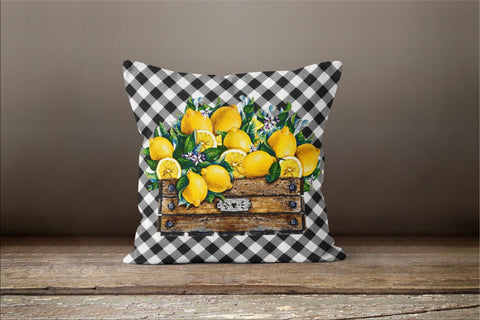 Floral Lemon Check Pillow Case|Black Gray White Checkered Pillow Cover|Decorative Cushion|Housewarming Farmhouse Buffalo Plaid Throw Pillow