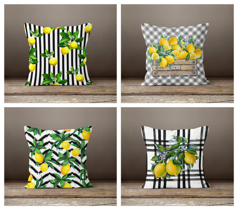 Floral Lemon Check Pillow Case|Black Gray White Striped Pillow Cover|Decorative Cushion|Housewarming Farmhouse Buffalo Plaid Throw Pillow