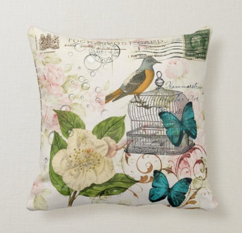 Floral Butterfly Pillow Case|Bird Pillow Cover|Decorative Floral Insect Cushion Case|Housewarming Boho Pillow|Farmhouse Porch Cushion Cover