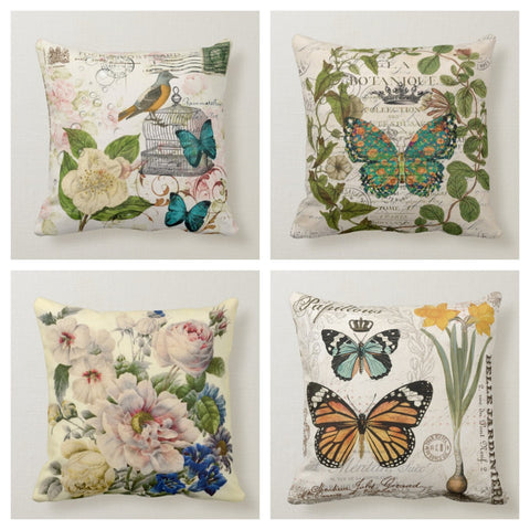 Floral Butterfly Pillow Case|Bird Pillow Cover|Decorative Floral Insect Cushion Case|Housewarming Boho Pillow|Farmhouse Porch Cushion Cover
