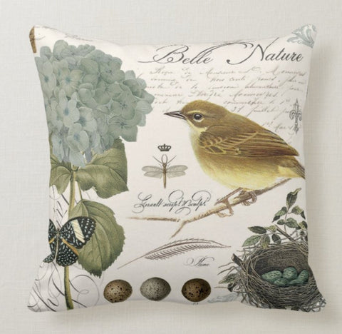 Floral Bird Pillow Case|Bird Cage and Eggs Pillow Cover|Decorative Floral Cushion Case|Housewarming Boho Pillow|Farmhouse Porch Cushion Case