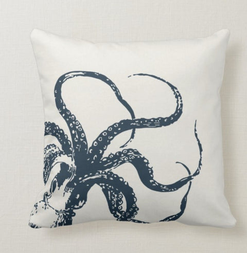 Beach House Pillow Case|Navy Marine Pillow Cover|Nautical Blue Gray Cushion|Seaweed Throw Pillow|Octopus Crab Home Decor|Porch Pillow Case