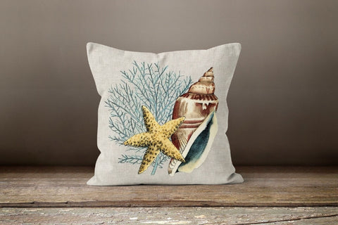Beach House Pillow Case|Gray Marine Pillow Cover|Nautical Blue Beige Cushion|Seashell Throw Pillow Top|Farmhouse Style Porch Pillow Case