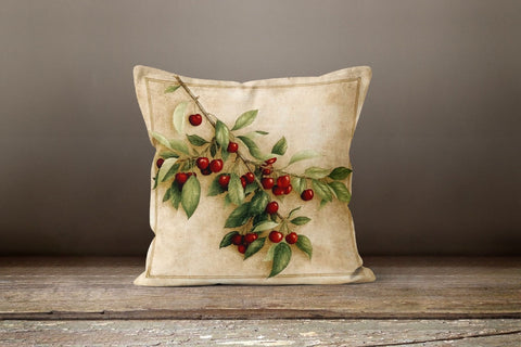 Cherry Pillow Cover|Red Floral Sour Cherry Cushion Case|Decorative Throw Pillow Top|Boho Bedding Decor|Rustic Housewarming Throw Pillow Case
