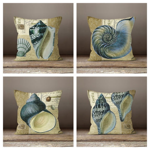 Beach House Pillow Case|Blue Gray Beige Marine Pillow Cover|Nautical Cushion|Seashell Throw Pillow|Farmhouse Rustic Home Decor|Porch Pillow