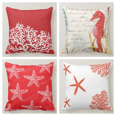 Nautical Pillow Case|Red Marine Pillow Cover|Decorative Nautical Cushions|Red Coastal Throw Pillow|Red Starfish Home Decor|Beach House Decor