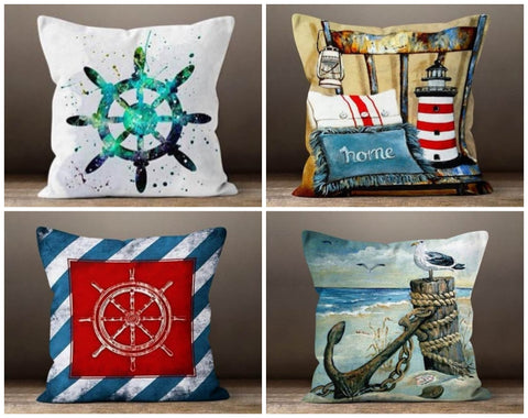 Nautical Pillow Case|Navy Marine Pillow Cover|Anchor and Wheel Cushions|Coastal Throw Pillow|Lighthouse Home Decor|Beach House Seagull Decor