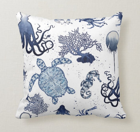 Nautical Pillow Case|Navy Marine Pillow Cover|Decorative Seashell Cushions|Coastal Throw Pillow|Blue Anchor Home Decor|Beach House Decor