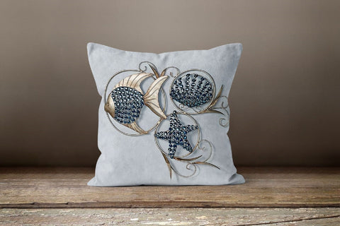 Beach House Pillow Case|Navy Marine Pillow Cover|Decorative Nautical Cushions|Coastal Throw Pillow|Blue Starfish Home Decor|Seashells Decor