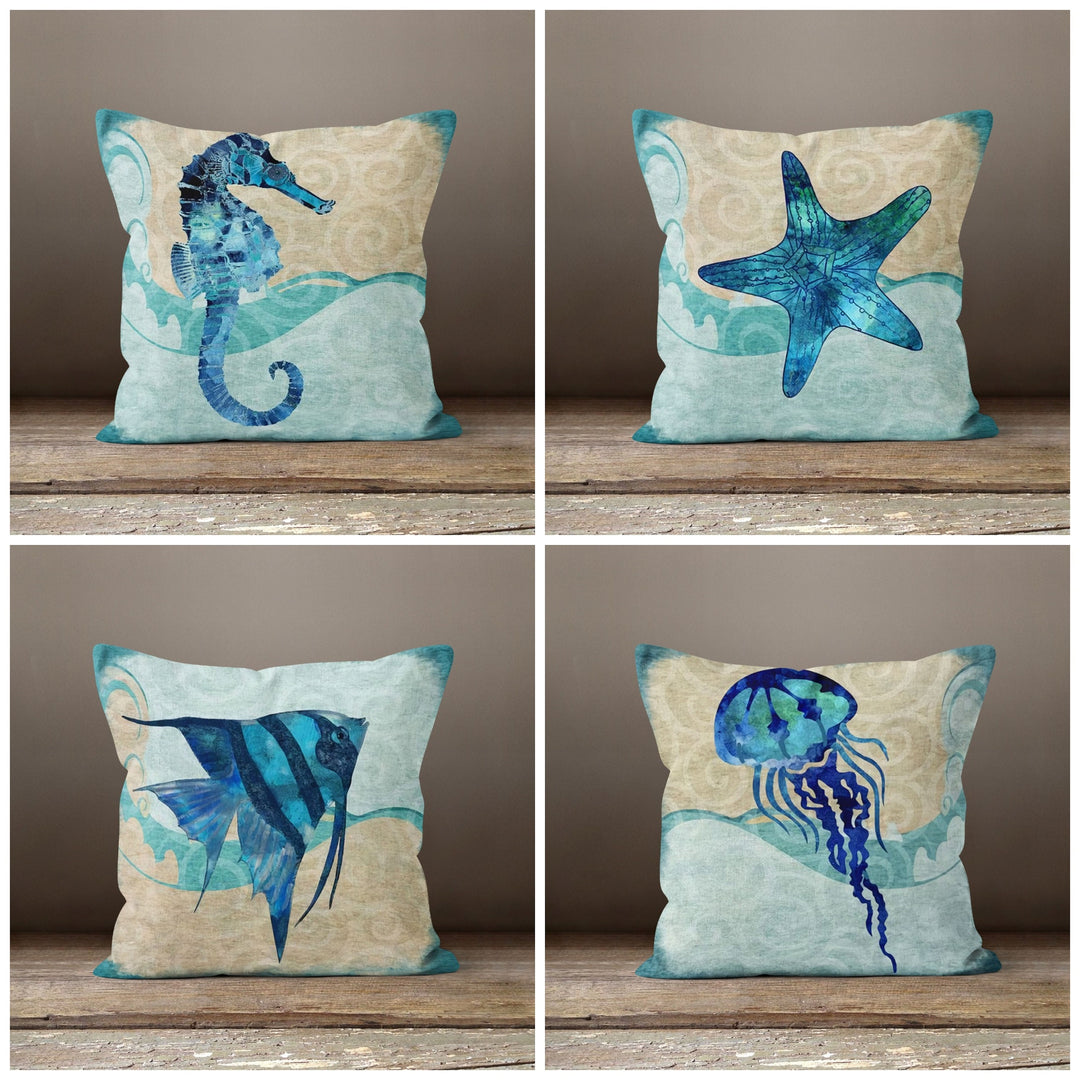 Navy Blue Marine Pillow Cover with Turquoise Starfish