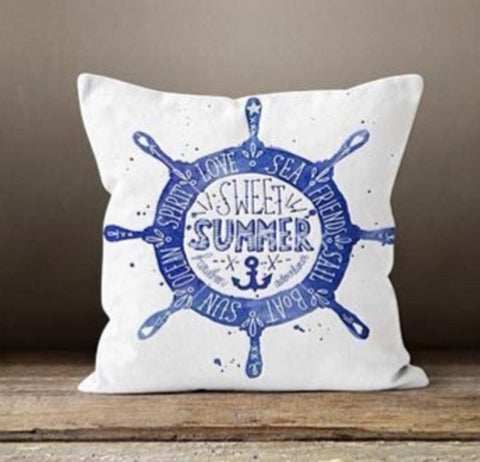 Nautical Pillow Case|Navy Blue Marine Pillow Cover|Decorative Anchor Cushion|Coastal Throw Pillow|Wheel Home Decor|Outdoor Beach House Decor