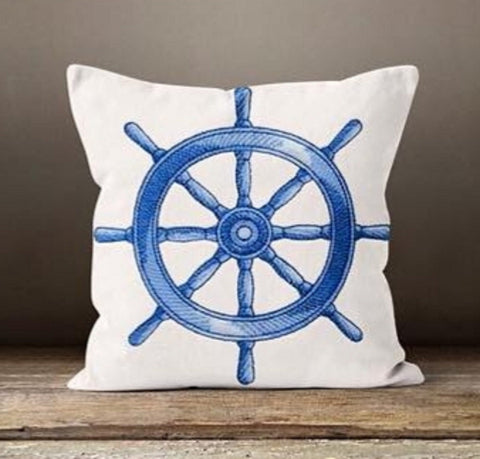 Nautical Pillow Case|Navy Blue Marine Pillow Cover|Decorative Anchor Cushion|Coastal Throw Pillow|Wheel Home Decor|Outdoor Beach House Decor