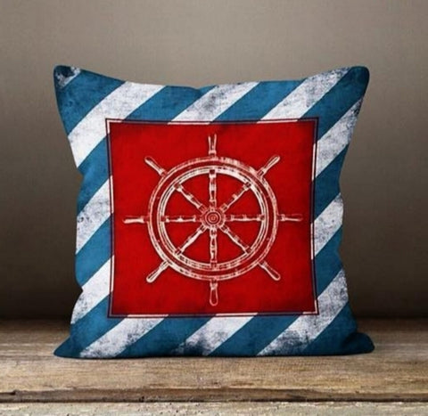 Nautical Pillow Case|Navy Marine Pillow Cover|Anchor and Wheel Cushions|Coastal Throw Pillow|Lighthouse Home Decor|Beach House Seagull Decor