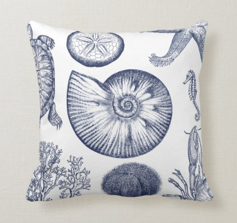 Nautical Pillow Case|Navy Marine Pillow Cover|Decorative Seashell Cushions|Coastal Throw Pillow|Blue Anchor Home Decor|Beach House Decor