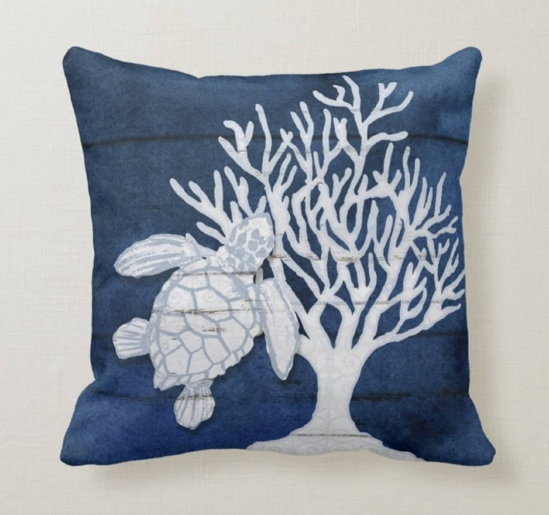 18x18 Decorative Throw Pillow Cover – Coral Ocean Sea Turtle, Square, Embroidered, Polyester