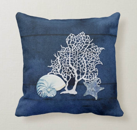 Nautical Pillow Case|Navy Marine Pillow Cover|Decorative Coral Cushions|Coastal Throw Pillow|Blue Seashell Home Decor|Beach House Decor
