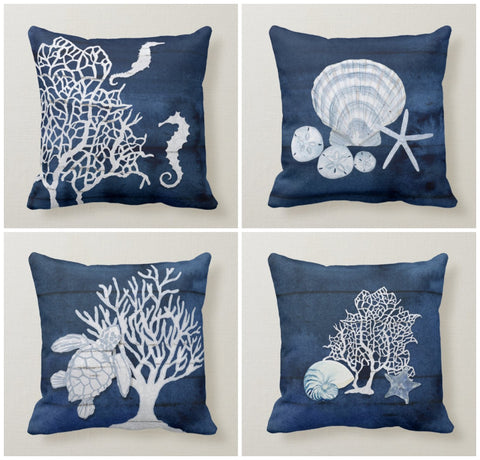 Nautical Pillow Case|Navy Marine Pillow Cover|Decorative Coral Cushions|Coastal Throw Pillow|Blue Seashell Home Decor|Beach House Decor