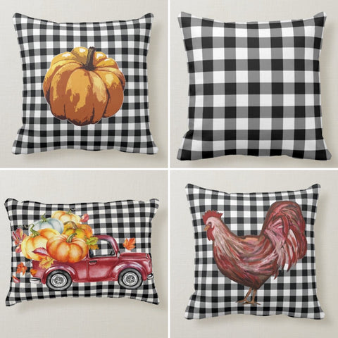 Checkered Pillow Cover|Fall Cushion Case|Autumn Pumpkin Throw Pillow|Halloween Home Decor|Housewarming Farmhouse Rooster Pillow Case