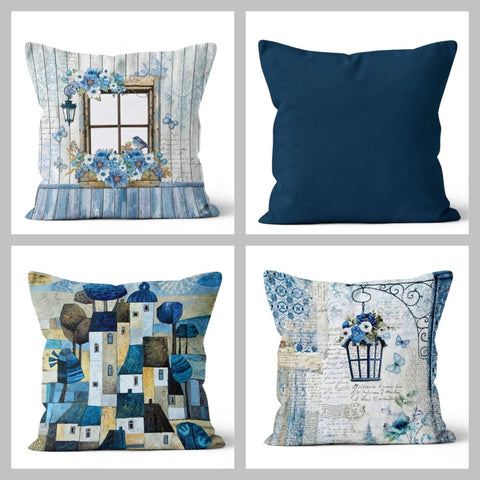 Blue Floral Houses Pillow Cover|Summer Trend Bedding Home Decor|Blue Lumbar Pillow|Housewarming Farmhouse Cushion Case|Throw Pillow Case