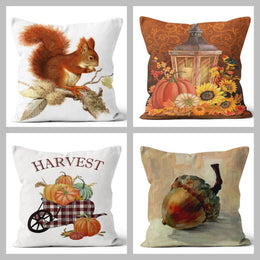 Fall Trend Pillow Cover|Autumn Cushion Case|Orange Pumpkin Throw Pillow|Halloween Harvest Home Decor|Housewarming Squirrel and Acorn Pillow